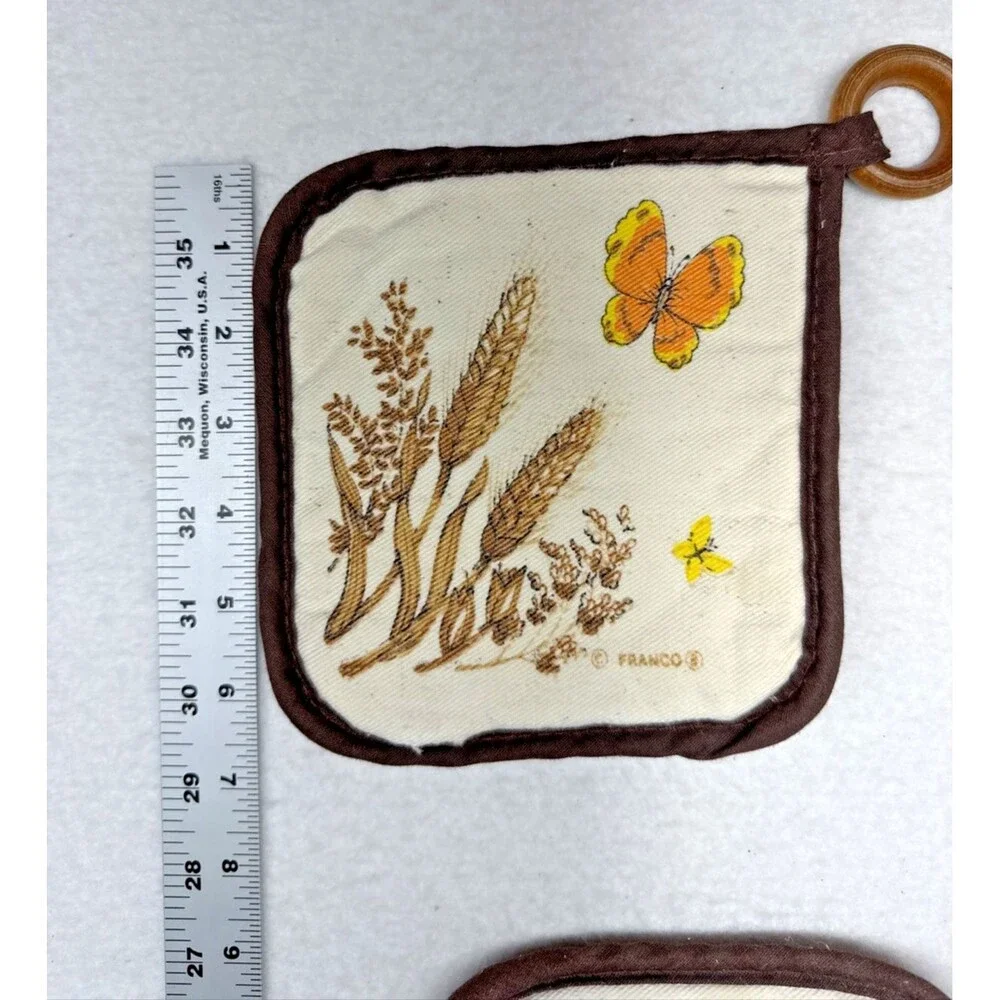 Franco Vintage 70s Potholders Set 2 Wheat Butterfly Hot Pads Retro Kitchen